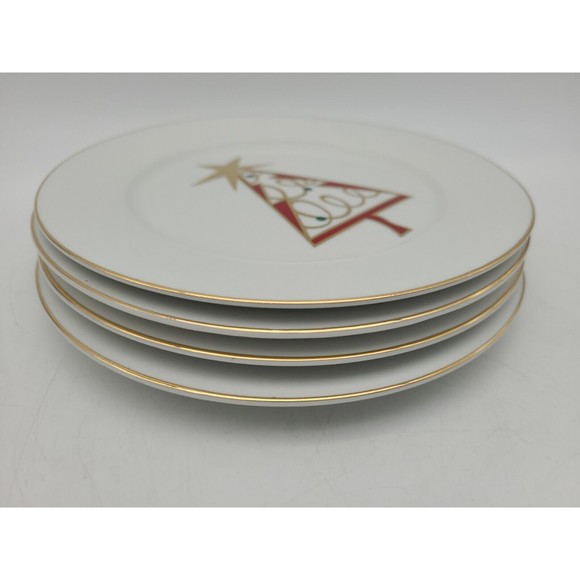 Pier 1 One Christmas Tree Porcelain Salad Dessert Plates Set of 4 Red Gold - Picture 6 of 7